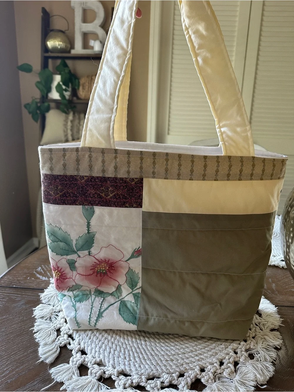 Floral Patchwork Tote Bag in Cream, Green and Pink
